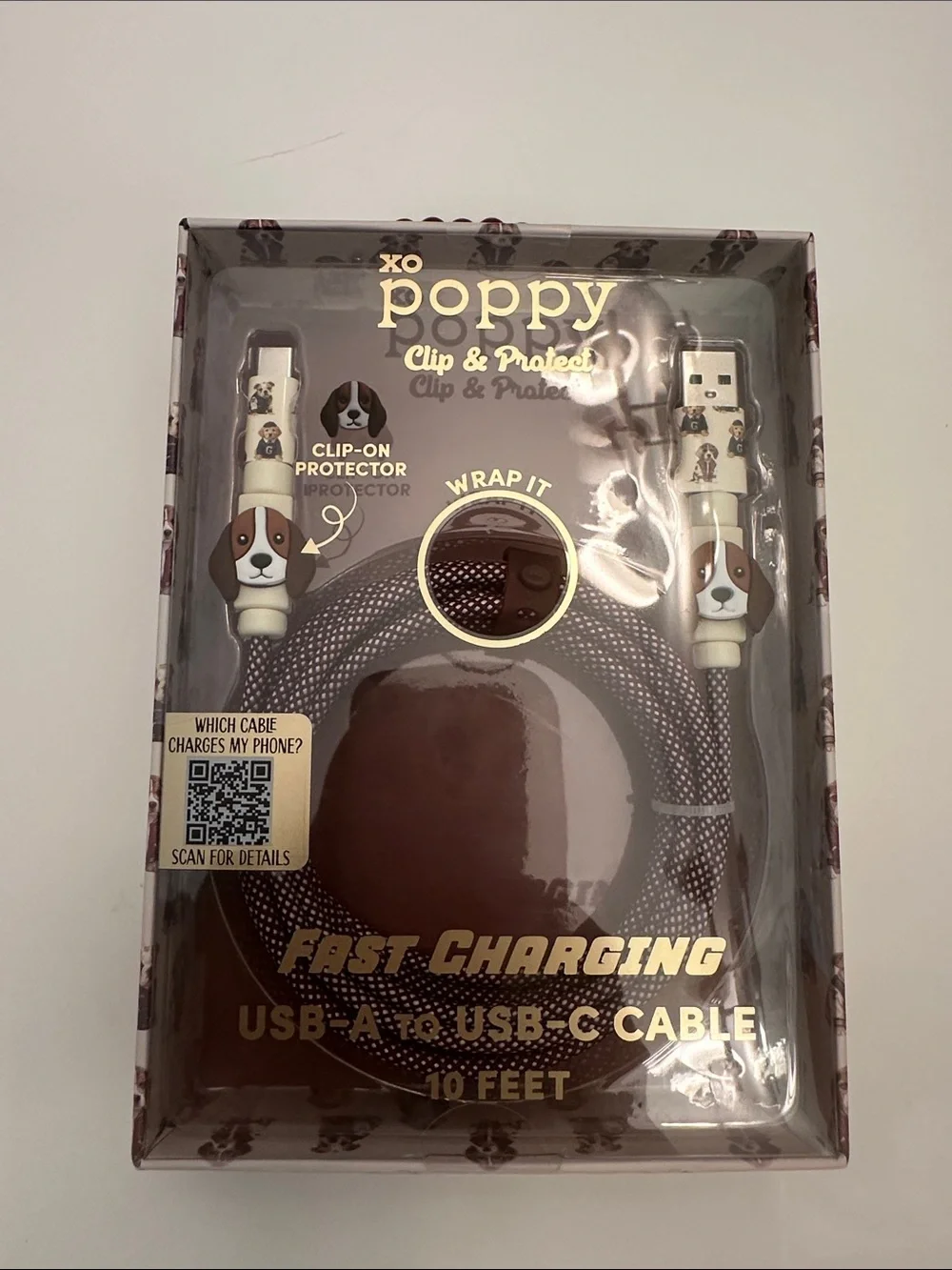 Poppy Clip & Protect Fast Charging USB-A to USB-C Cable - Brown with Dog Print